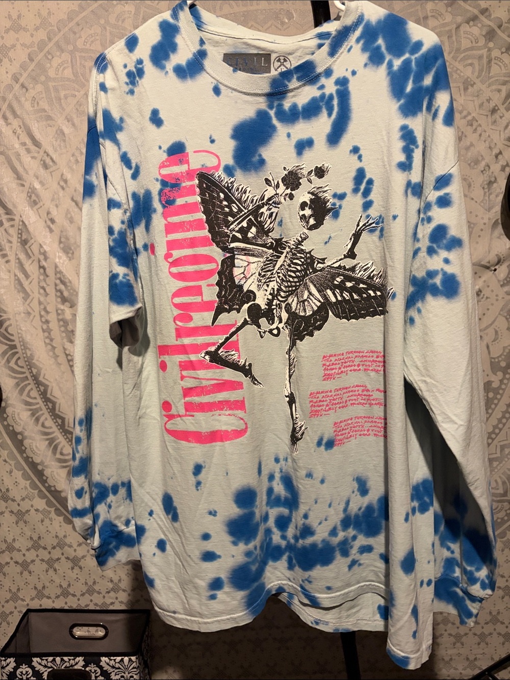 Civil Regime Skeleton Butterfly Tie Dye Long Sleeve Graphic T-Shirt L